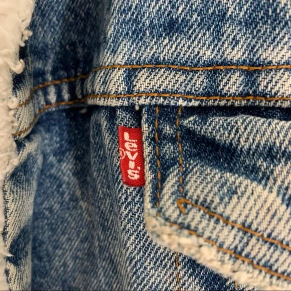 Levi’s Vintage 80’s Denim Distressed Jacket Sherpa Piled Size L - Picture 7 of 12